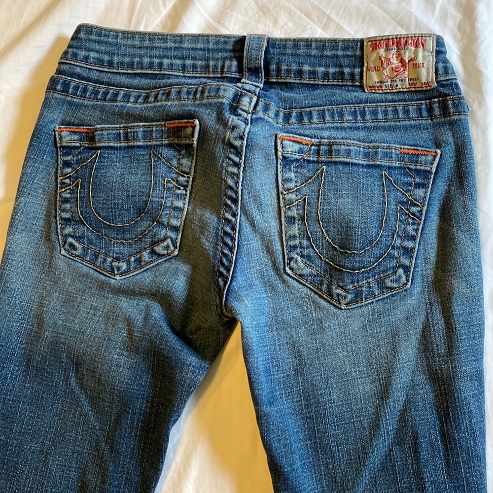 True Religion Blue Denim Jeans with Orange Stitching